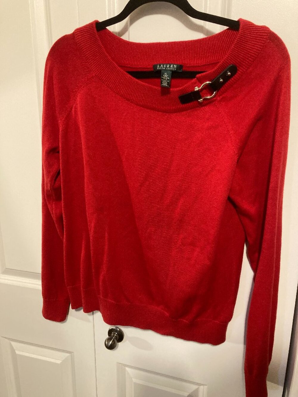 Ralph Lauren Red 100% Cotton Pullover Sweater Buckle Neck Accents, XL